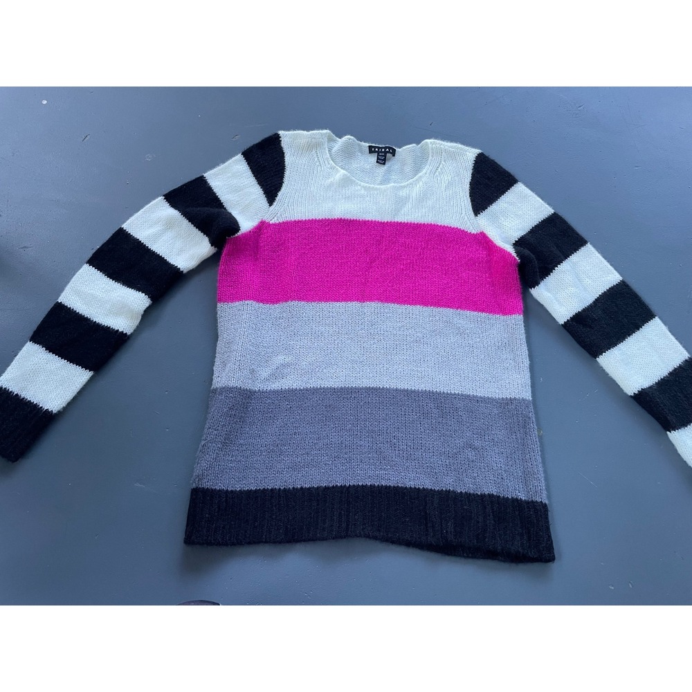 Tribal Womens Colorblock Striped Crew Neck Sweater Pink Grey Black Medium